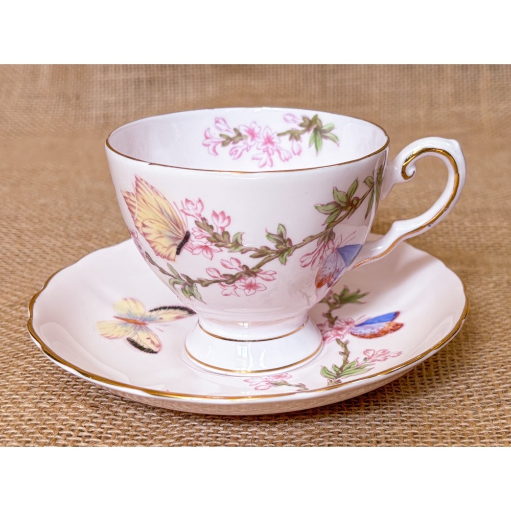 Vintage Tuscan Light Pink Butterfly Floral Tea Cup Saucer Set Bone China England